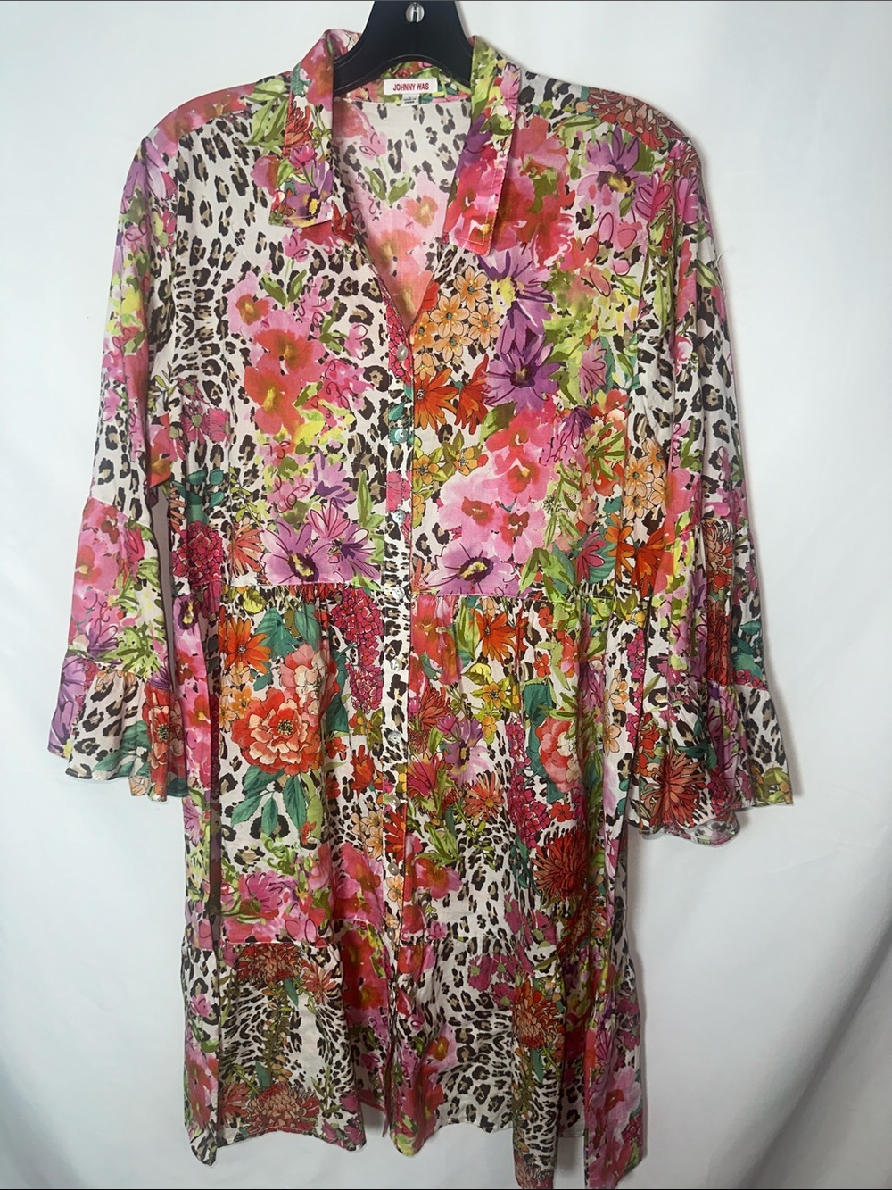 Johnny Was Multicolor Floral & Leopard Print Long Sleeve Tunic Dress